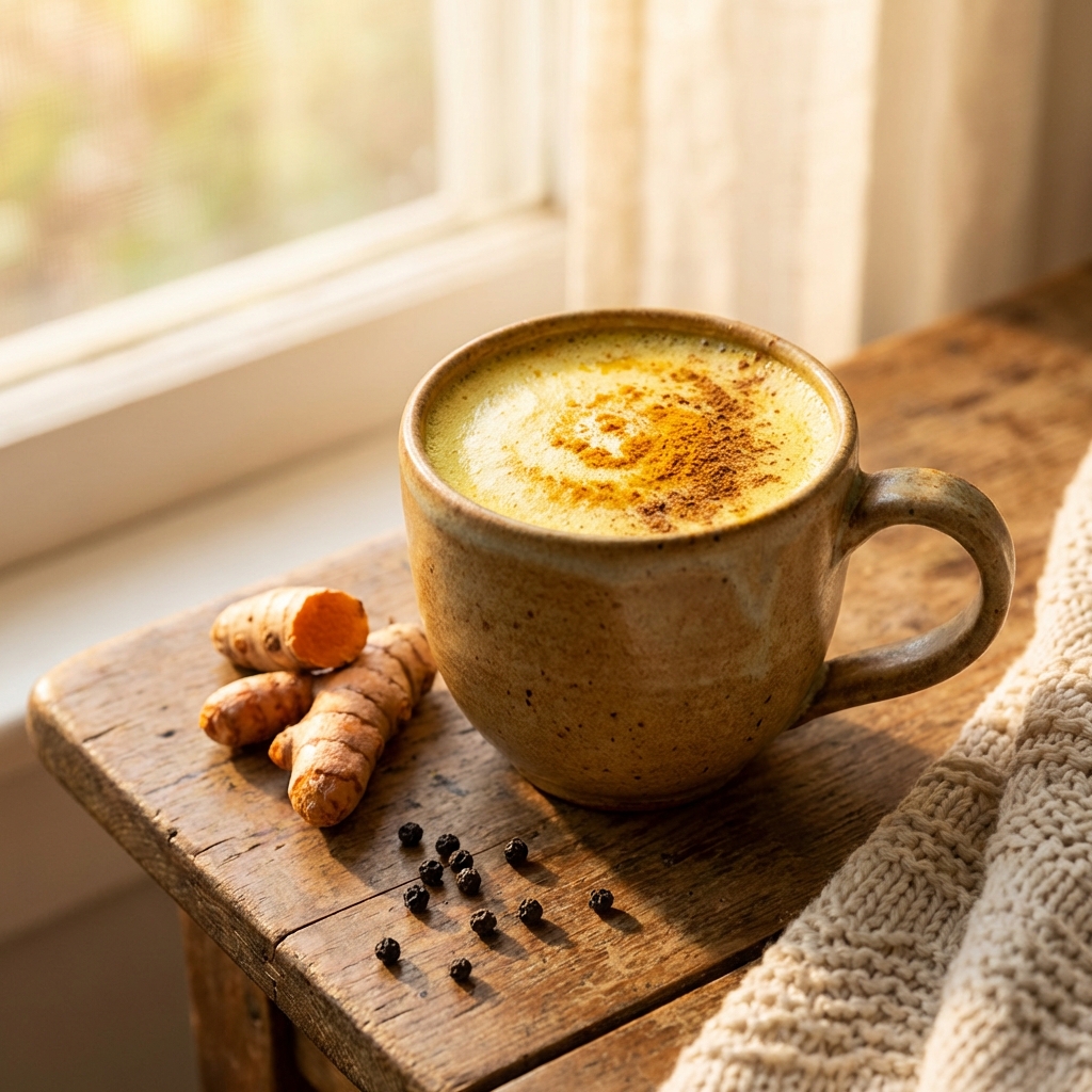 Golden turmeric latte in a ceramic mug