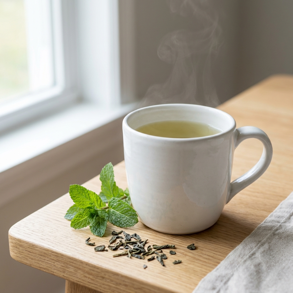 Green tea in a white ceramic cup